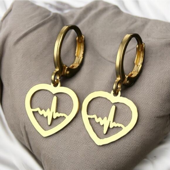 None Jewelry - NEW 18K yellow gold plated heart w heartbeat hoop drop earrings jewelry B5A